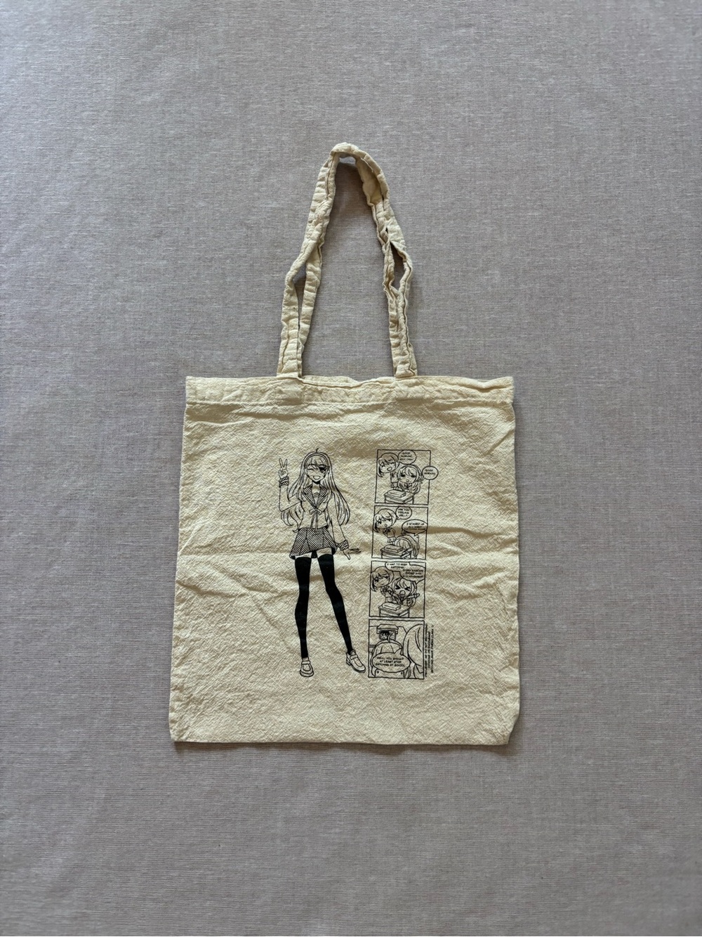 Anime graphic comic print cotton canvas tote bag.